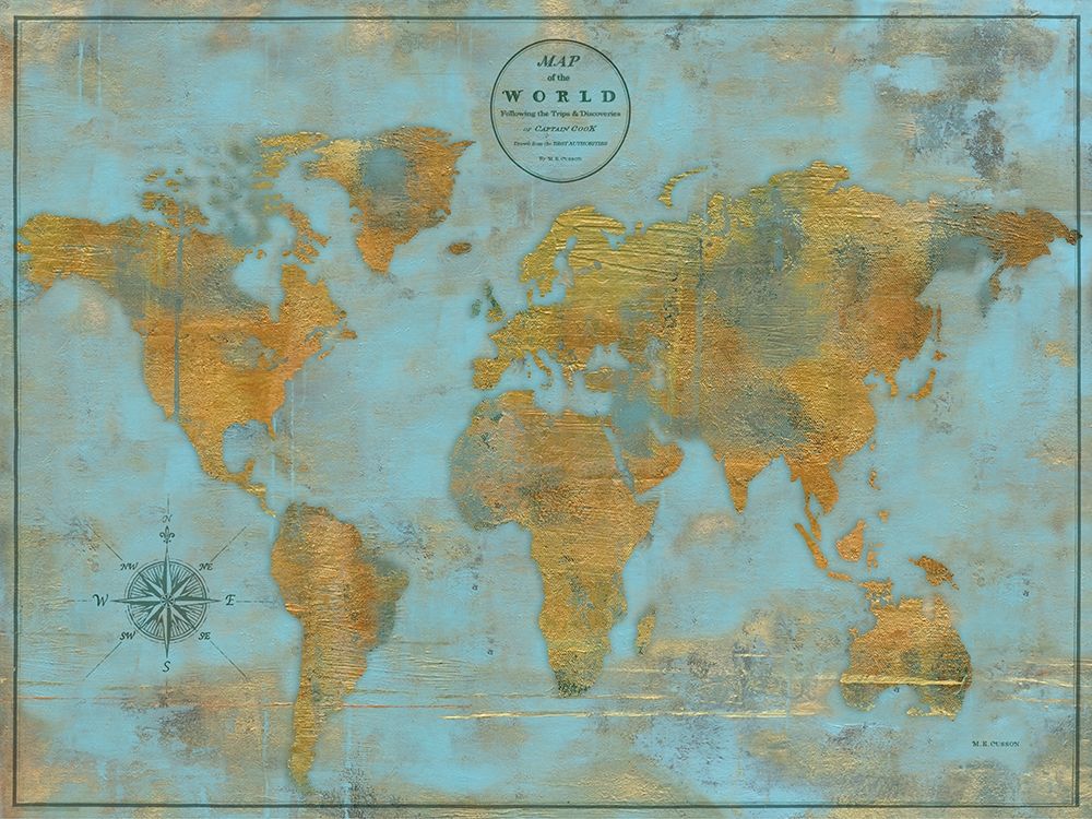 Rustic World Map Sky Blue art print by Marie-Elaine Cusson for $57.95 CAD