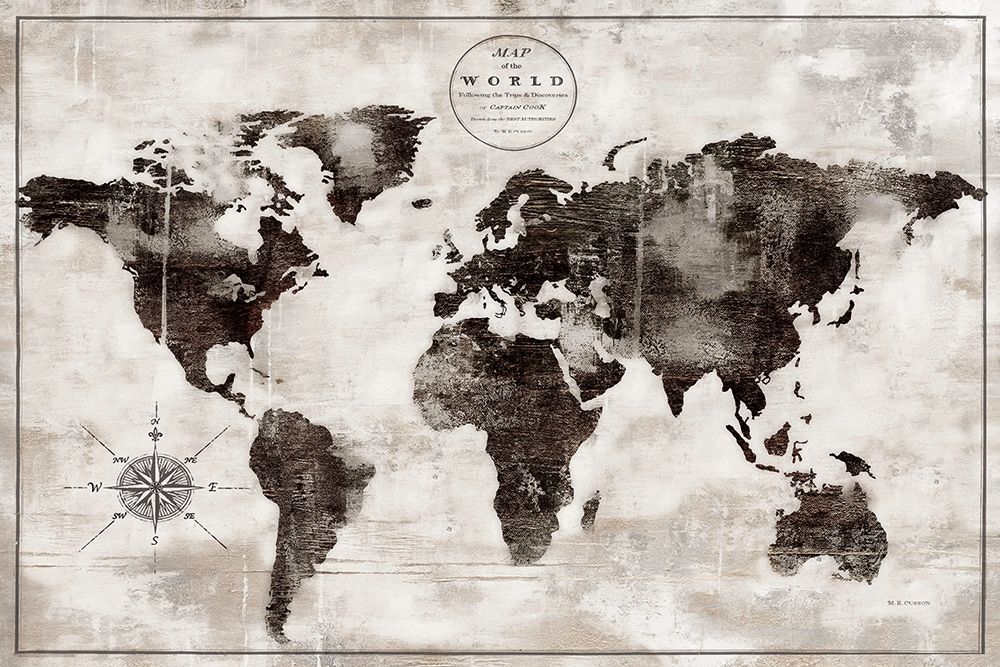 Rustic World Map Black and White art print by Marie-Elaine Cusson for $57.95 CAD
