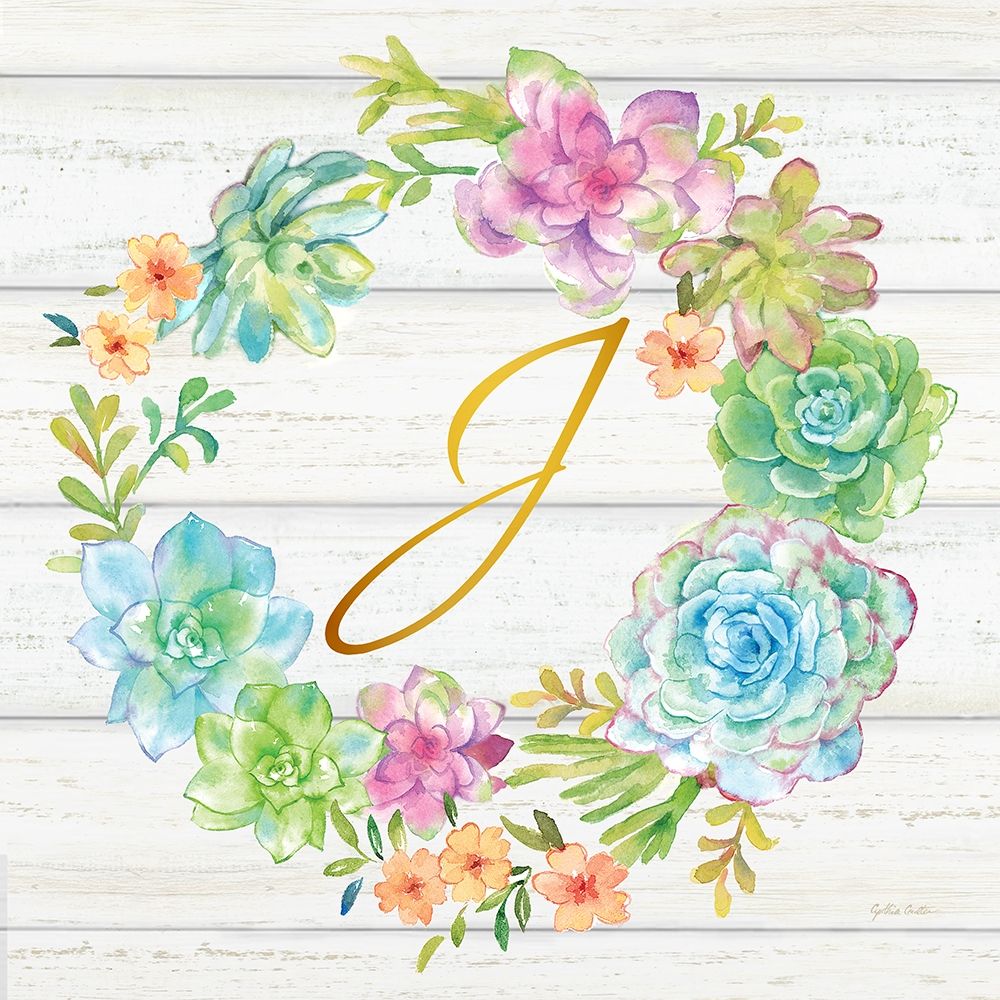 Sweet Succulents Wreath Monogram J gold art print by Cynthia Coulter for $57.95 CAD