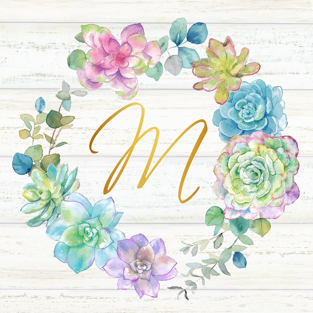 Sweet Succulents Wreath Monogram M gold art print by Cynthia Coulter for $57.95 CAD