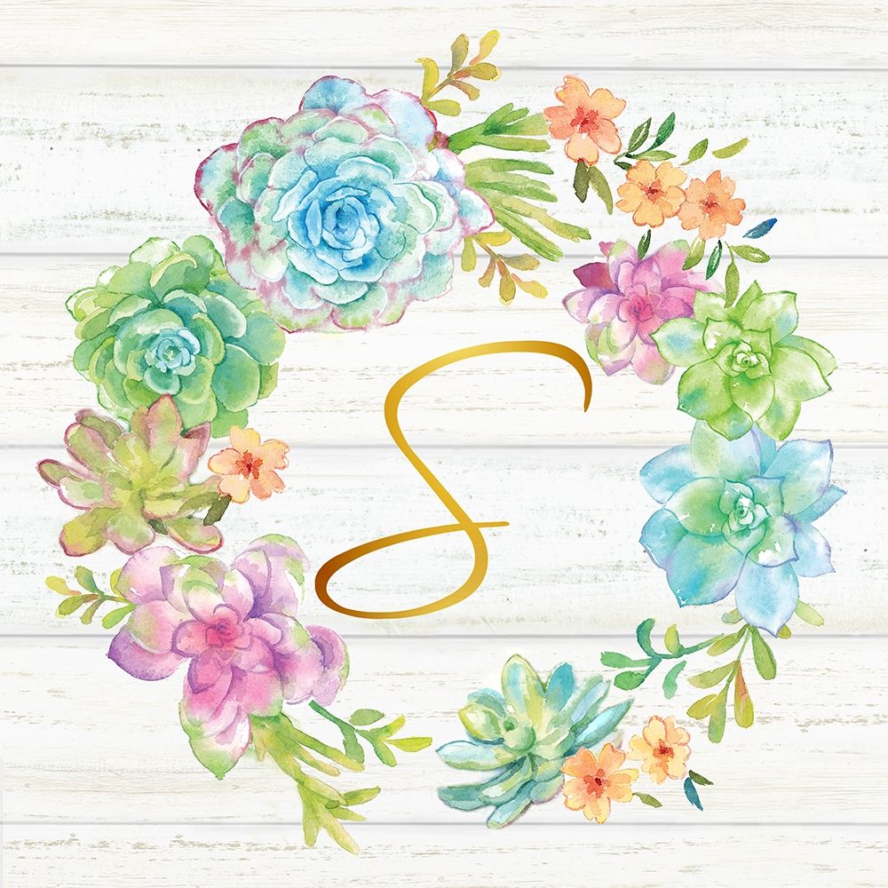 Sweet Succulents Wreath Monogram S gold art print by Cynthia Coulter for $57.95 CAD