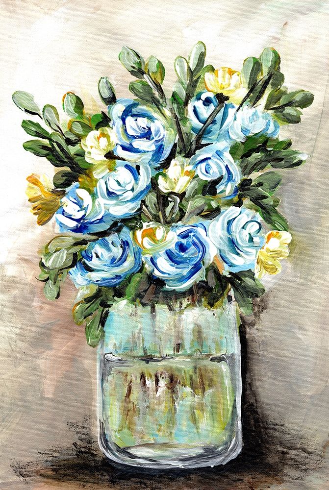 Blue and Yellow  Floral Mason Jar art print by Marcy Chapman for $57.95 CAD