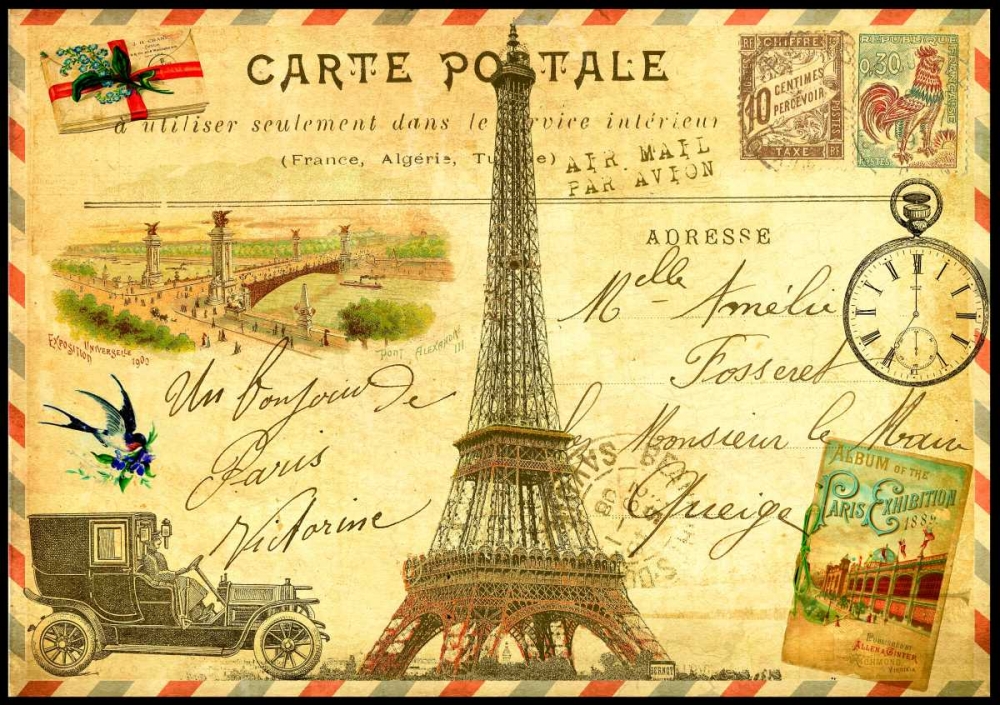 Vintage Paris Postcard Eiffel Tower art print by Marion De Lauzun for $57.95 CAD