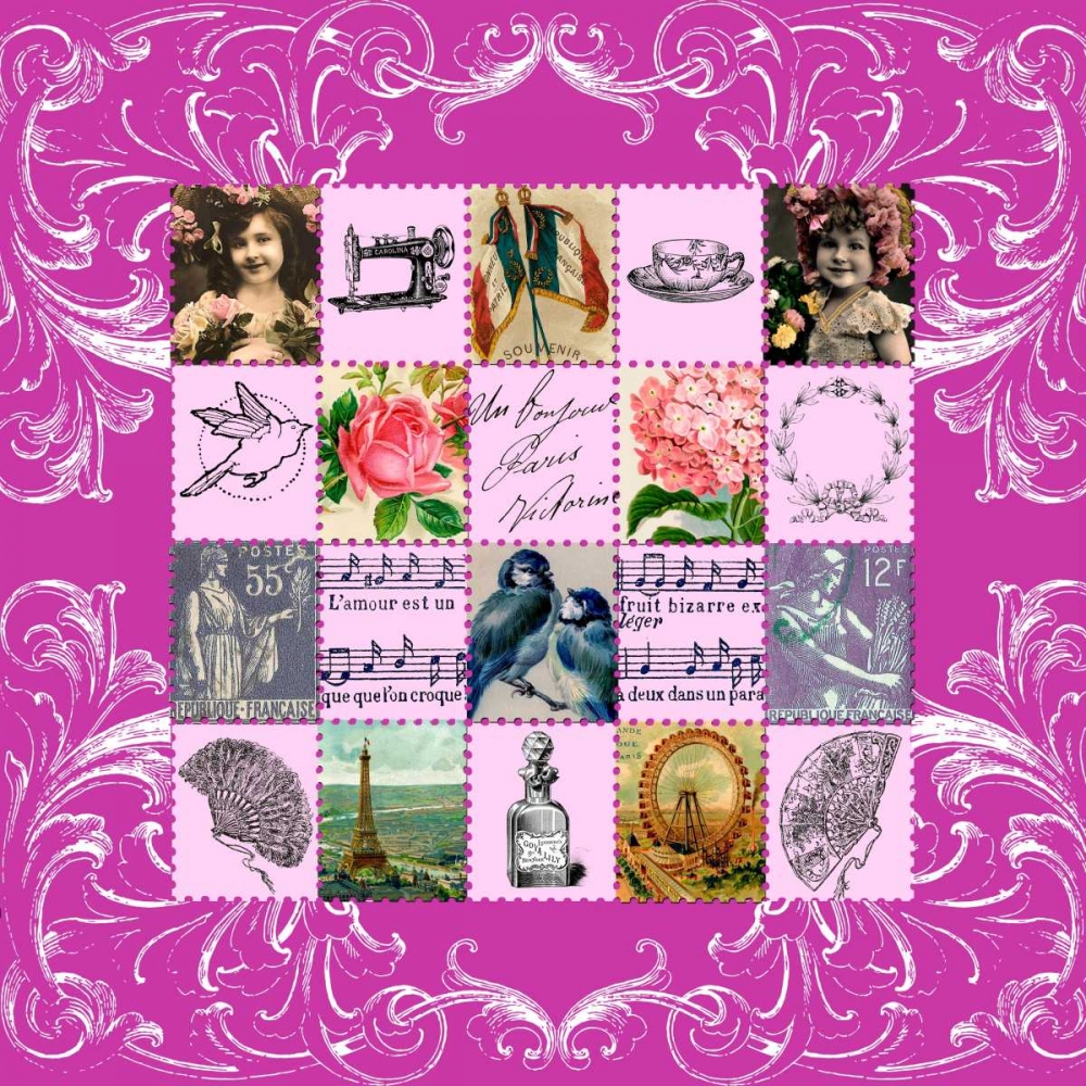Vintage Stamps Pink art print by Marion De Lauzun for $57.95 CAD