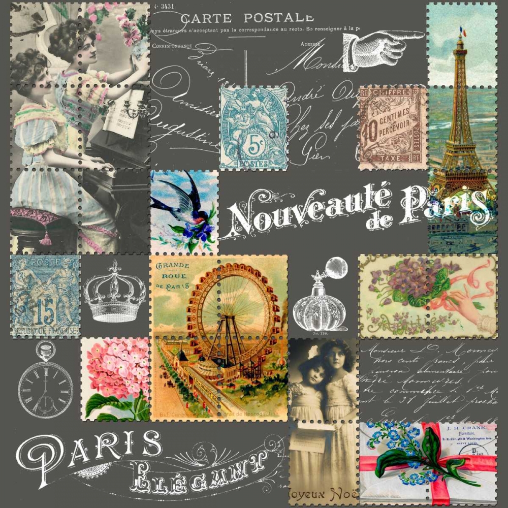 French Stamps Grey art print by Marion De Lauzun for $57.95 CAD