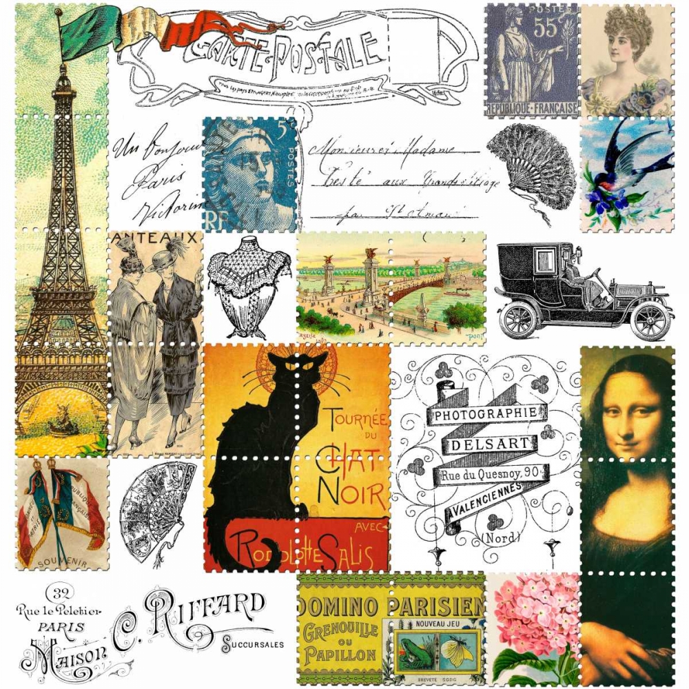 Eiffel Tower Stamps Green art print by Marion De Lauzun for $57.95 CAD