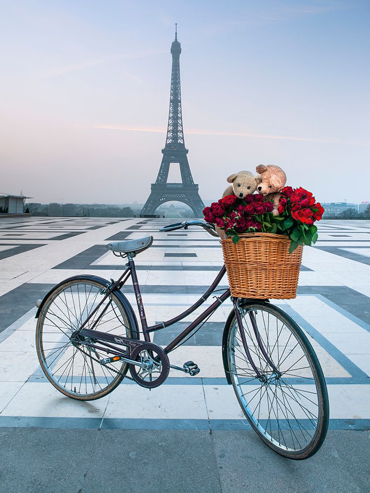 Teddy Bears and bunch of red roses on bicycle with Eiffel tower in the background art print by Assaf Frank for $57.95 CAD