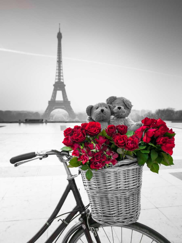 Teddy Bears and bunch of red roses on bicycle with Eiffel tower in the background art print by Assaf Frank for $57.95 CAD