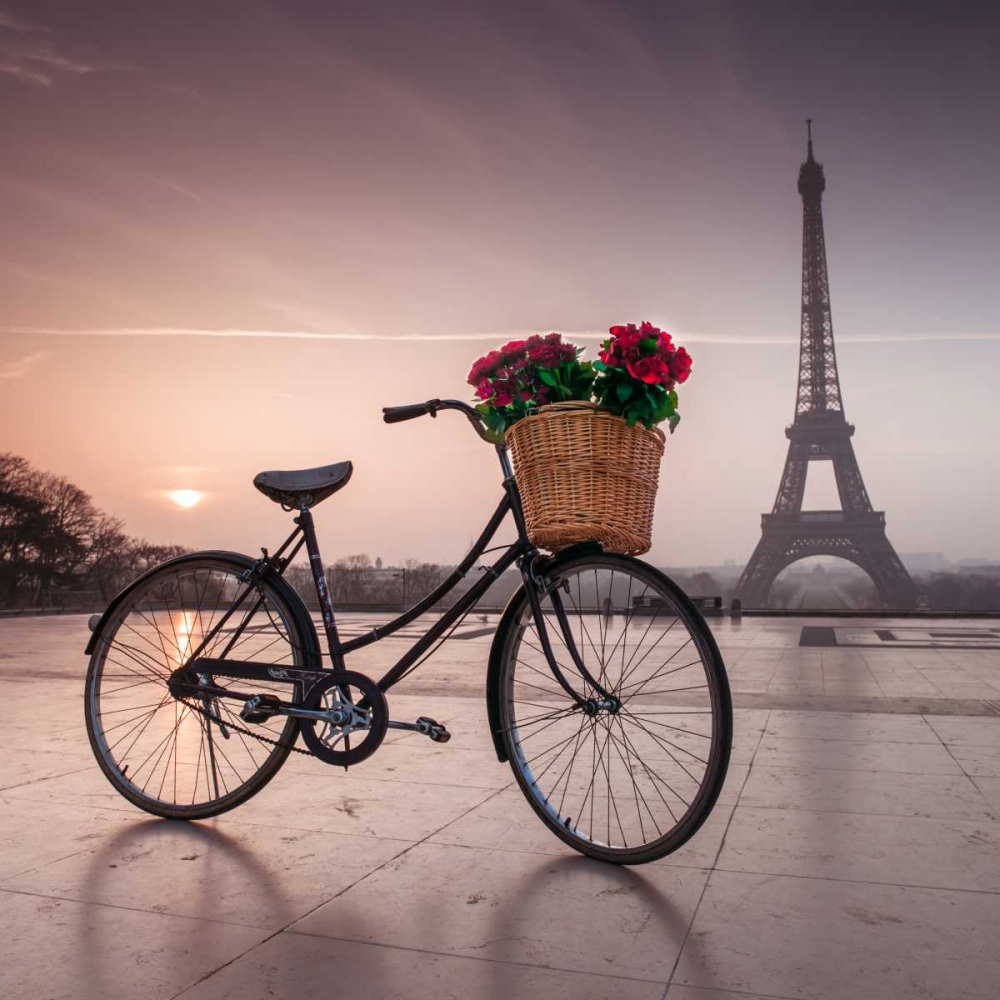 A bicycle with a basket of flowers with the Eiffel tower in the background art print by Assaf Frank for $57.95 CAD