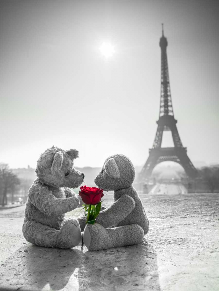 Two Teddy bears with a rose next to the Eiffel tower art print by Assaf Frank for $57.95 CAD