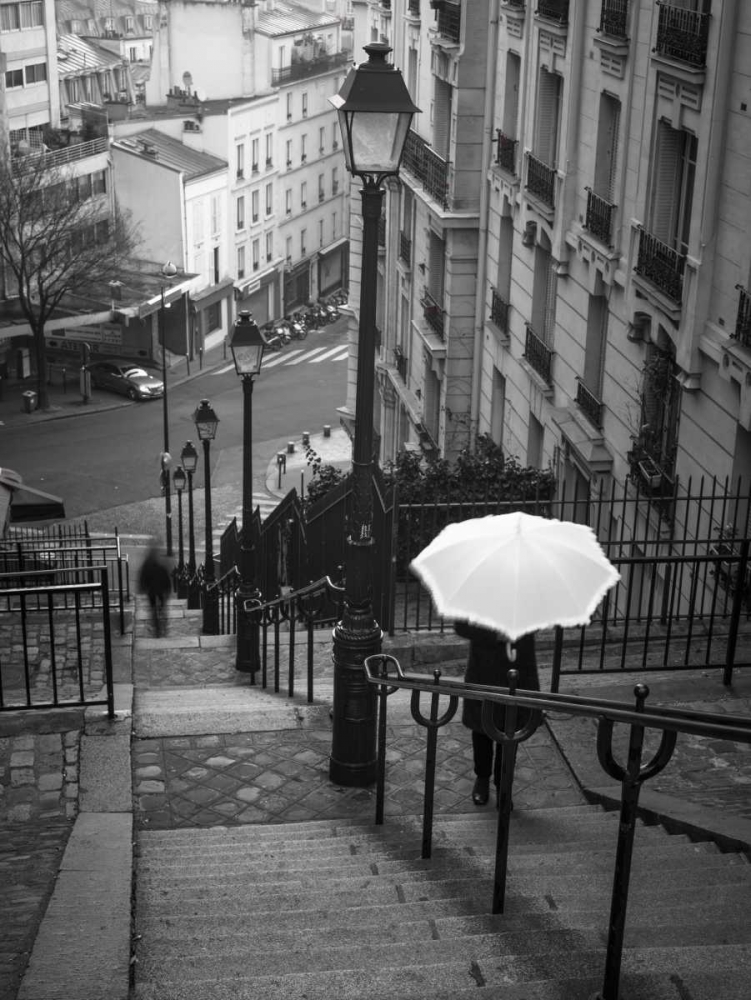 Woman with white umbrella standing on staircase in Montmartre, Paris, France art print by Assaf Frank for $57.95 CAD