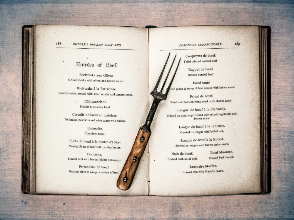 Old cookery book open with an old fork spoon art print by Assaf Frank for $57.95 CAD