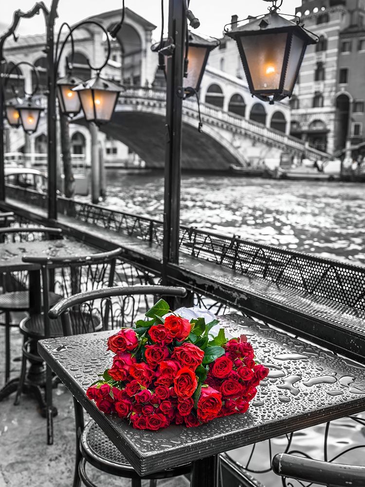 Bunch of red roses on street cafe table-Rialto Bridge-Venice-Italy art print by Assaf Frank for $57.95 CAD