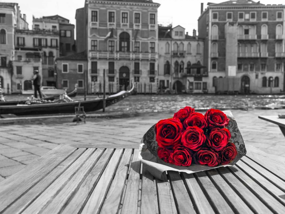 Bunch of red roses on street cafe table near canal, Venice, Italy art print by Assaf Frank for $57.95 CAD