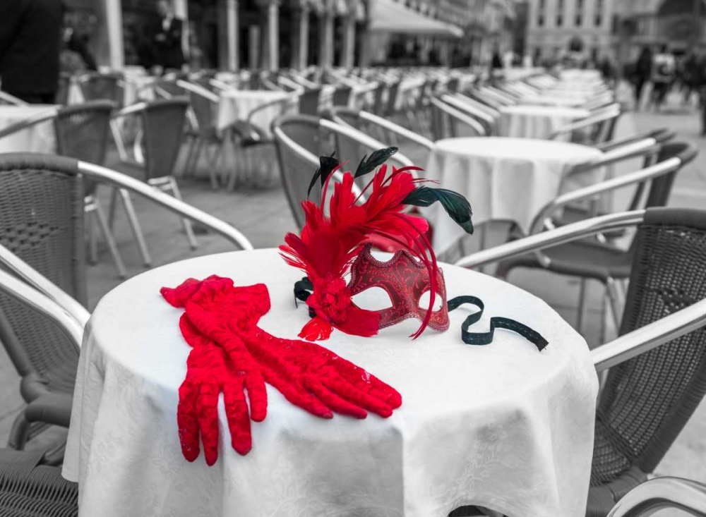 Female hand gloves with Venetian mask on cafe table, Venice, Italy art print by Assaf Frank for $57.95 CAD