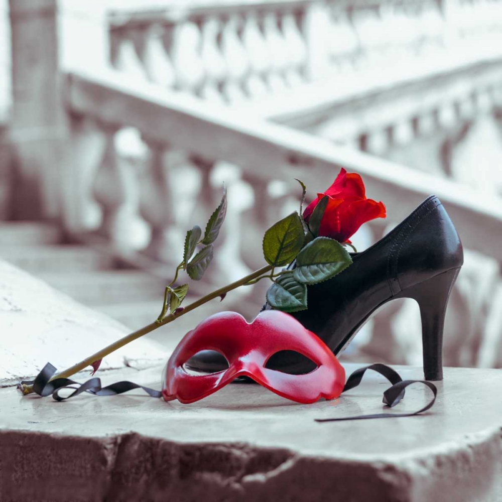Venetian mask and high heel shoe with red rose, Rialto bridge, Venice, Italy art print by Assaf Frank for $57.95 CAD