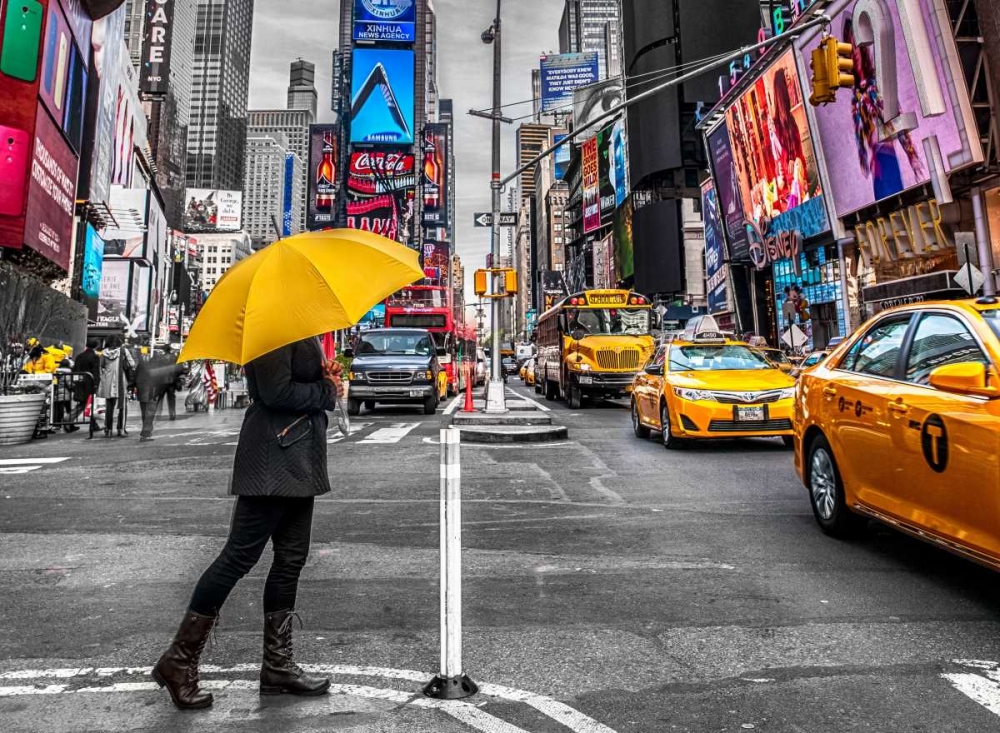 Man with yellow umbrella at Times square, New York art print by Assaf Frank for $57.95 CAD