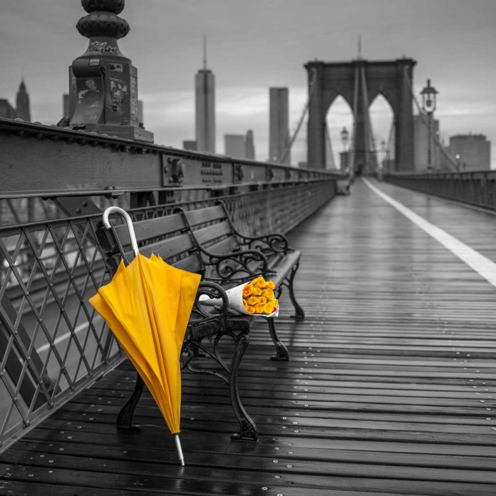 Yellow umbrella and bunch of roses on bench on pedestrian pathway, Brooklyn bridge, New York art print by Assaf Frank for $57.95 CAD