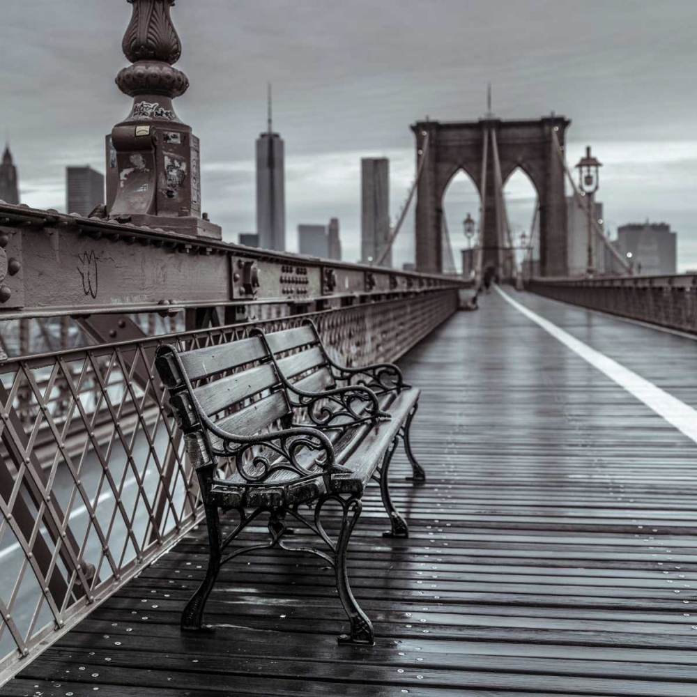 Empty bench on the pedestrian walkway of the Brooklyn Bridge, New York art print by Assaf Frank for $57.95 CAD