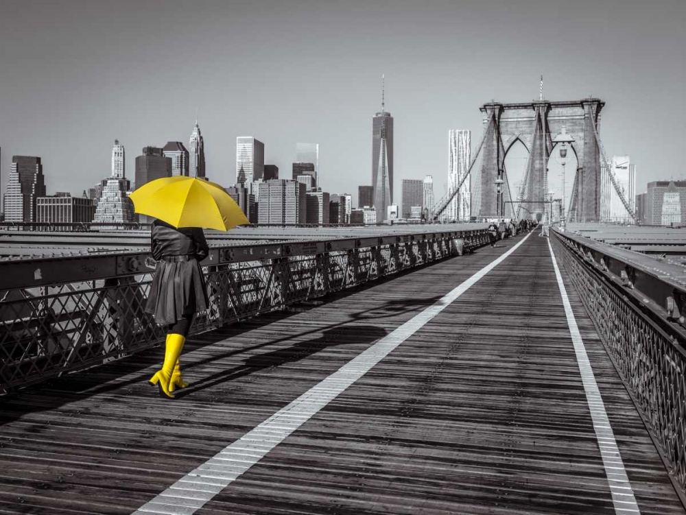 Female tourist with umbrella taking a walk on pedestrian walkway on Brooklyn bridge, New York art print by Assaf Frank for $57.95 CAD