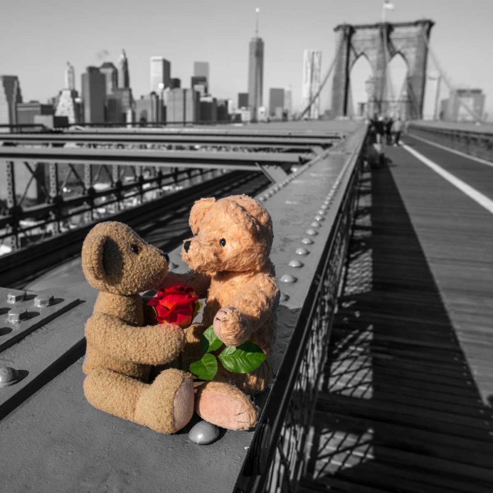Pair of teddy bears with a red rose on Brooklyn Bridge, New York art print by Assaf Frank for $57.95 CAD