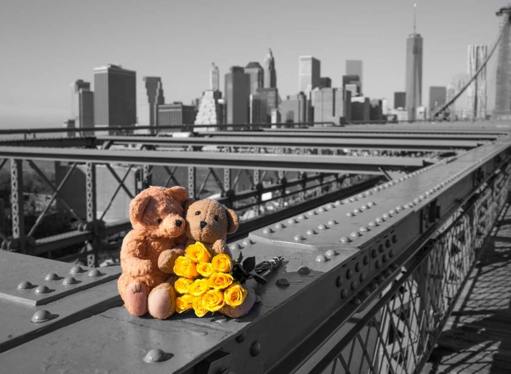 Pair of teddy bears and bunch of roses on Brooklyn Bridge, New York art print by Assaf Frank for $57.95 CAD