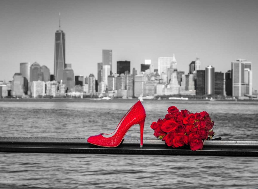 High heel shoe with bunch of roses against Lower manhattan skyline, New York art print by Assaf Frank for $57.95 CAD