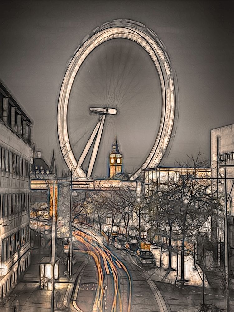 Night shot of London street with Millennium wheel in background art print by Assaf Frank for $57.95 CAD