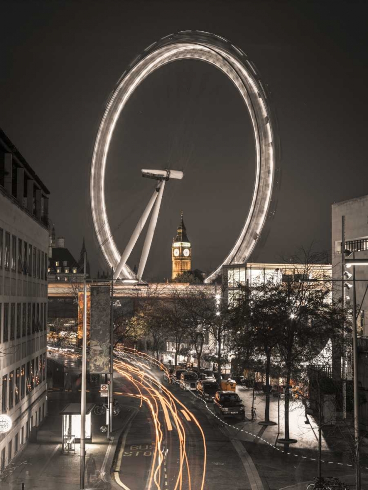Night shot of London street with Millennium wheel in background art print by Assaf Frank for $57.95 CAD