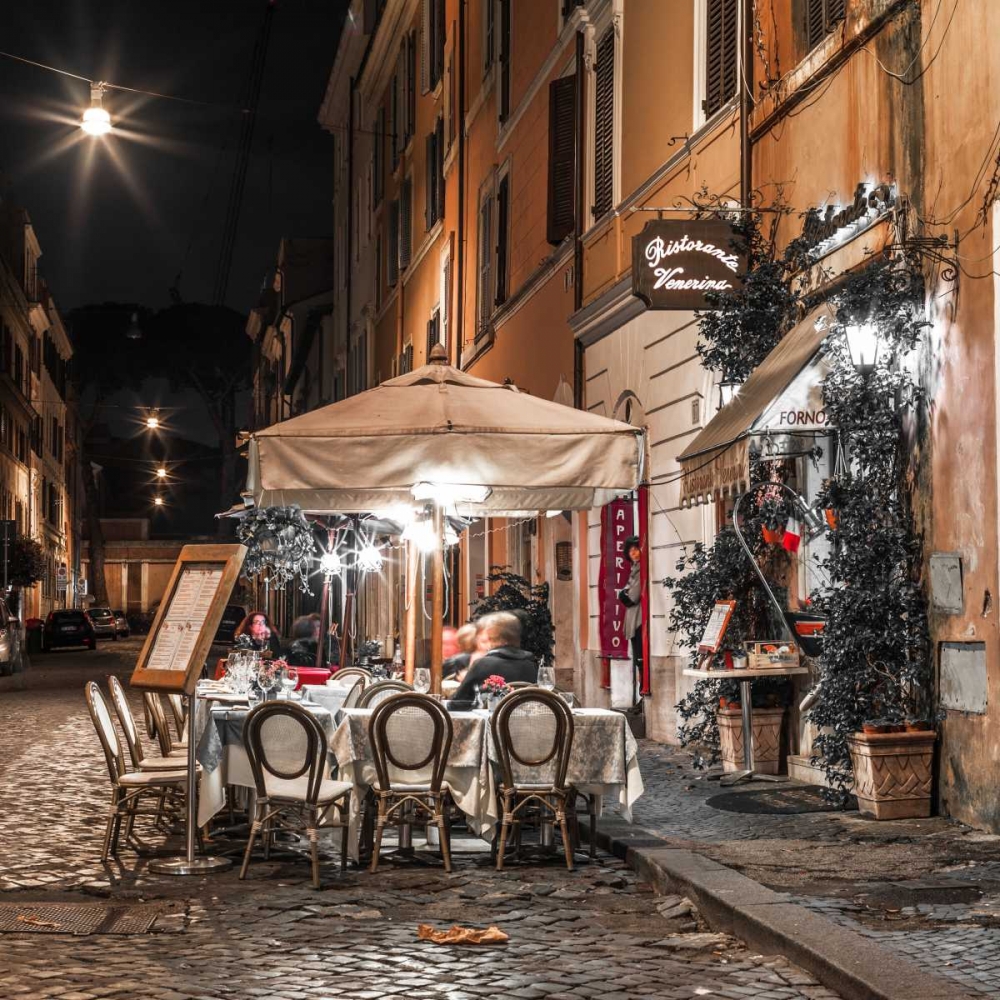 Sidewalk cafe on narrow streets of Rome, Italy, FTBR-1804 art print by Assaf Frank for $57.95 CAD