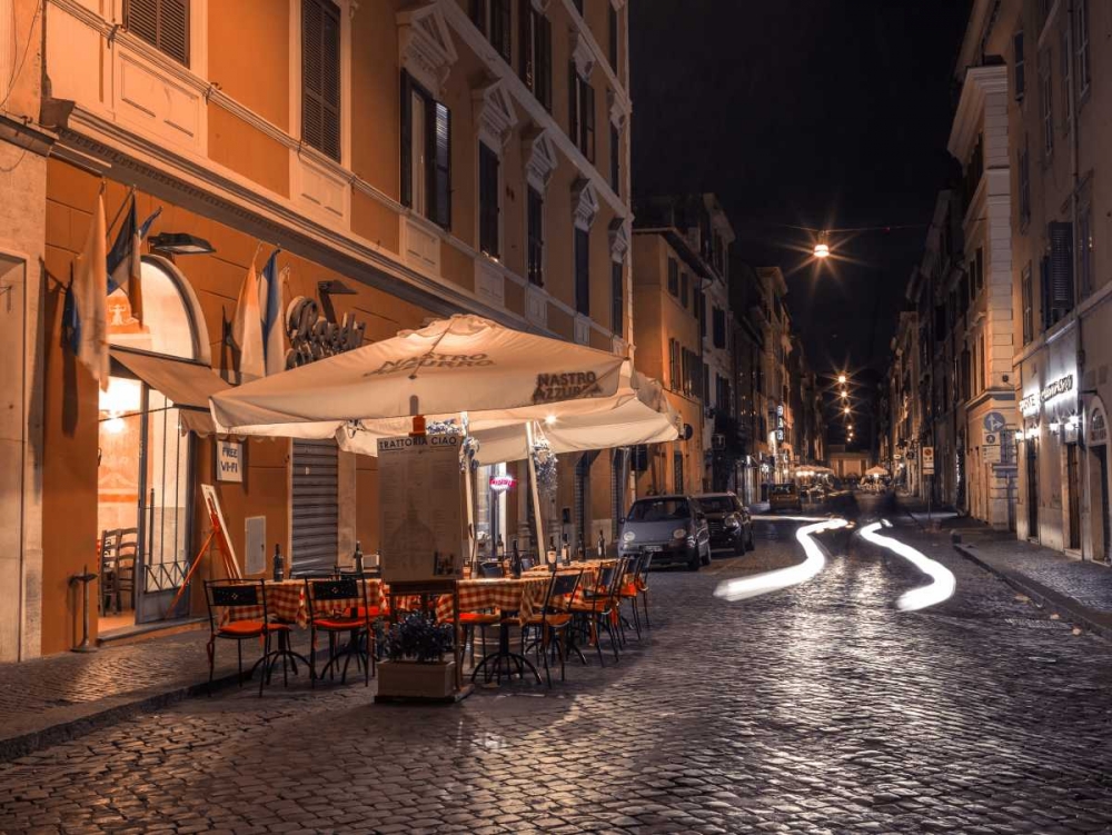 Sidewalk cafe on narrow streets of Rome, Italy, FTBR-1825 art print by Assaf Frank for $57.95 CAD