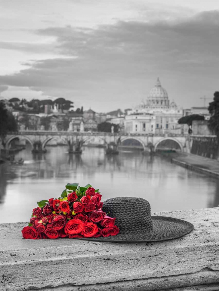 Hat and bunch of roses on bridge with Basilica di San Pietro in Vatican, Rome, Italy art print by Assaf Frank for $57.95 CAD