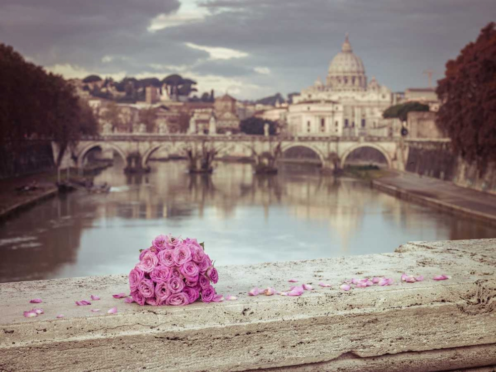 Bunch of roses on bridge with Basilica di San Pietro in Vatican, Rome, Italy art print by Assaf Frank for $57.95 CAD