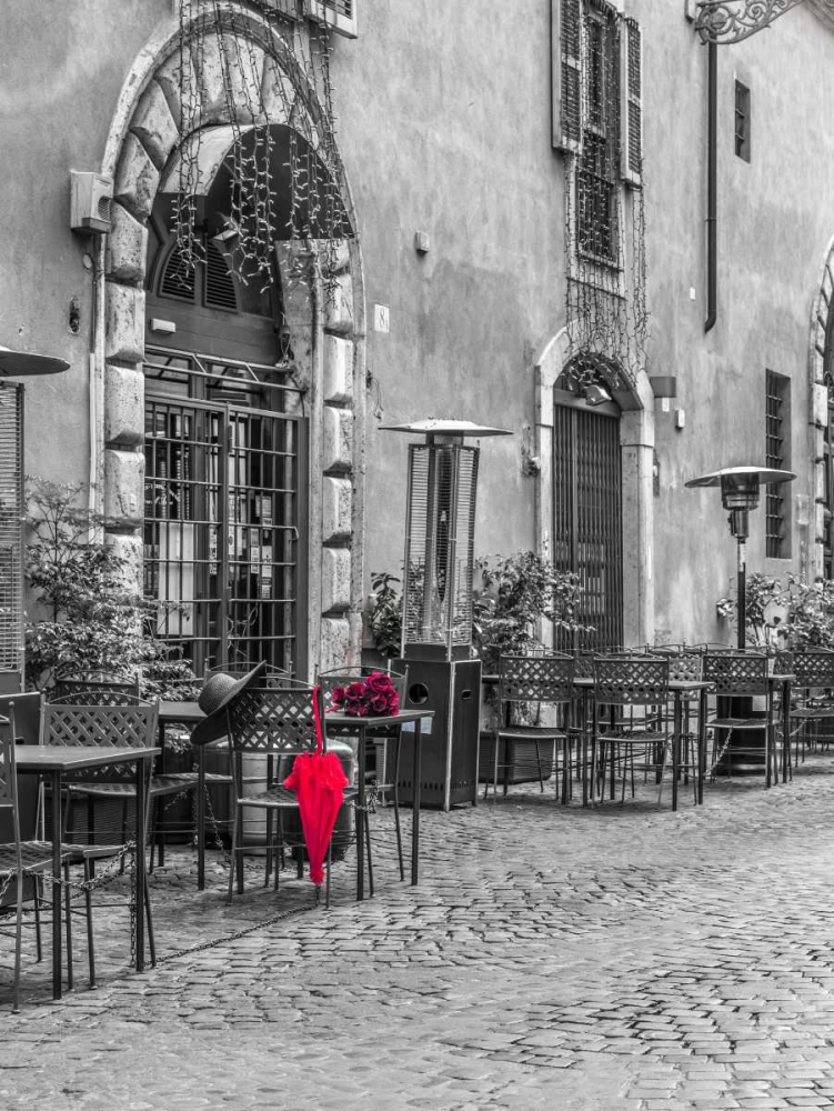 Red umbrella with female hat and bunch of roses on cafe table, Rome, Italy art print by Assaf Frank for $57.95 CAD