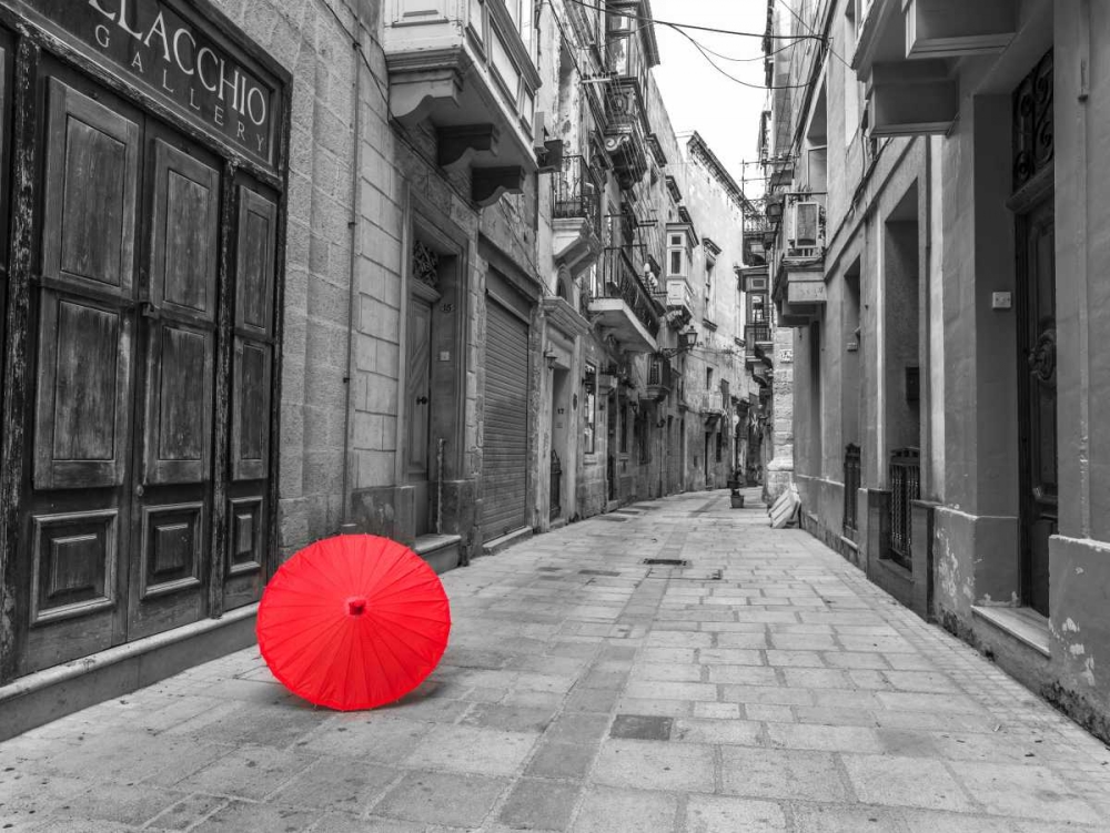 Red umbrella on narrow street of Birgu, malta art print by Assaf Frank for $57.95 CAD
