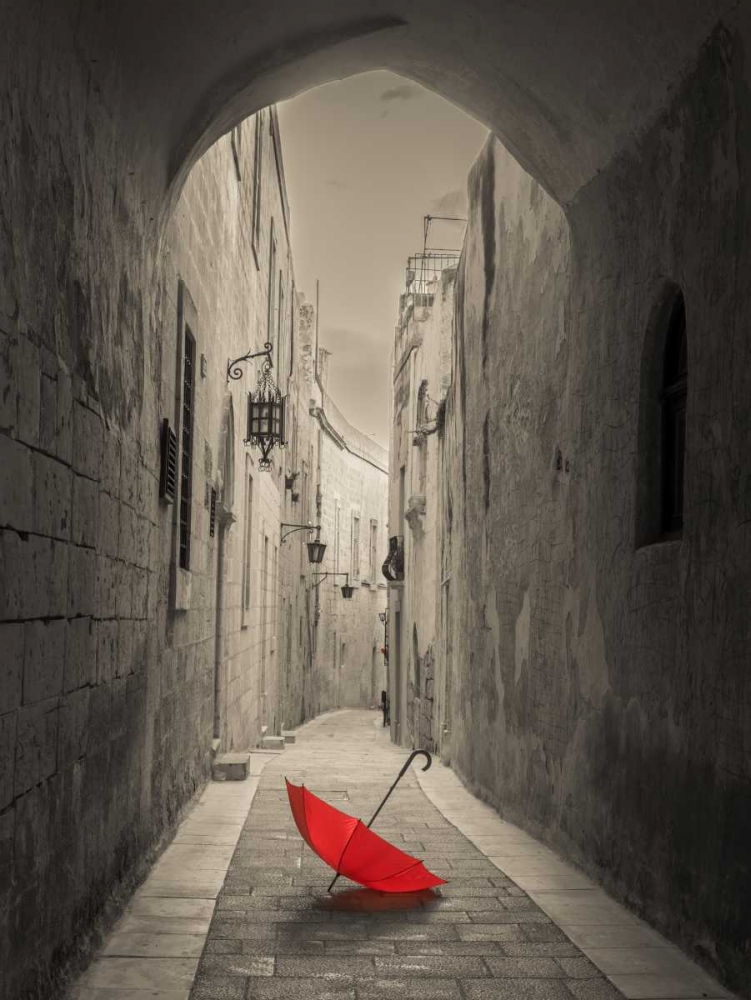 Red umbrella on narrow street of Mdina, Malta art print by Assaf Frank for $57.95 CAD