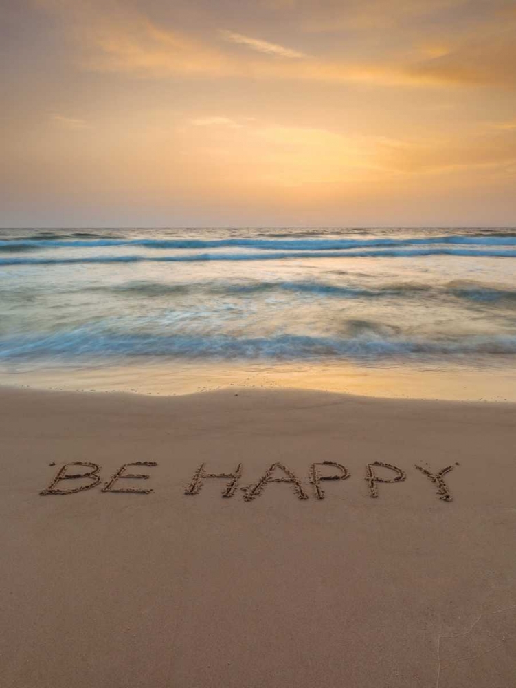 Sand writing - Word Be Happy written on beach art print by Assaf Frank for $57.95 CAD