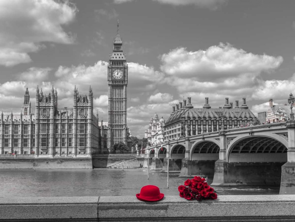 Bunch of Roses and hat on Thames promenade agaisnt Big Ben, London, UK art print by Assaf Frank for $57.95 CAD