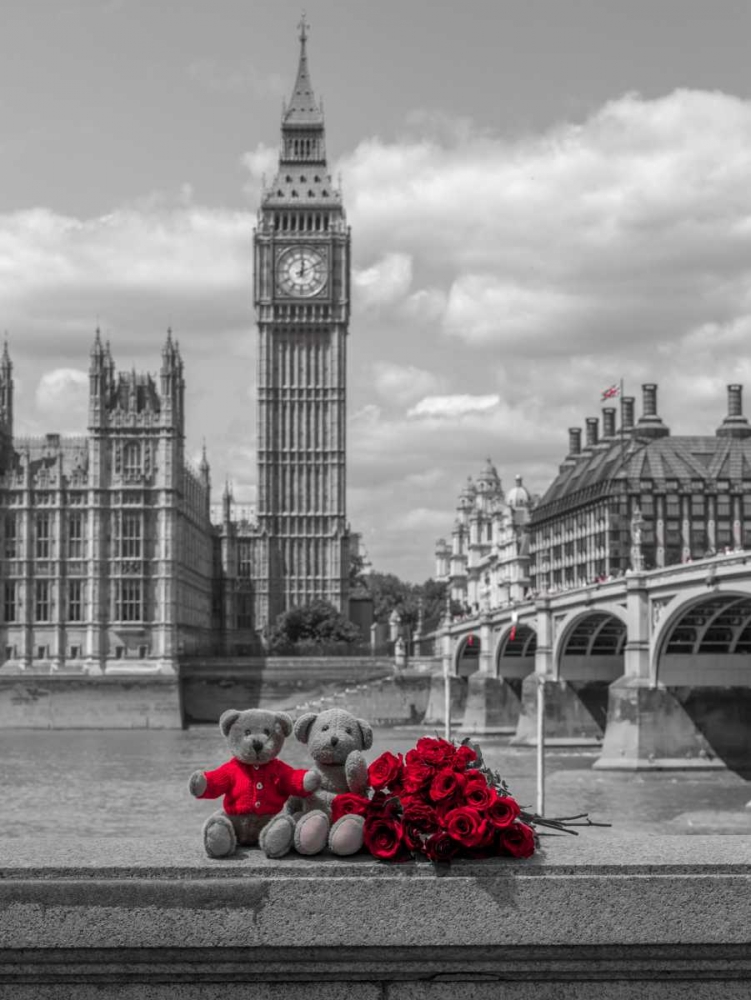 Teddy bear and bunch of Roses on Thames promenade agaisnt Westminster Abby, London, UK art print by Assaf Frank for $57.95 CAD