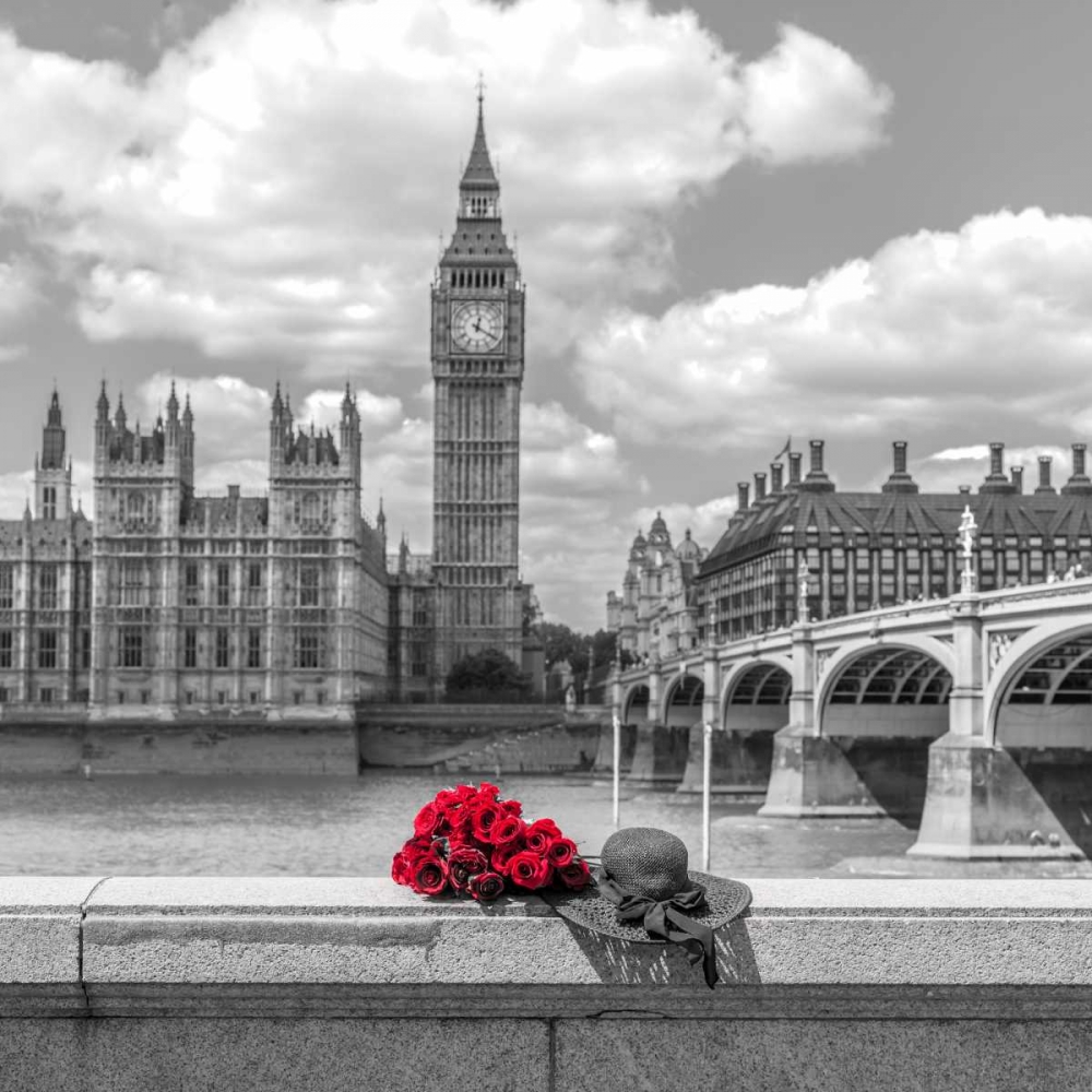 Bunch of Roses and hat on Thames promenade agaisnt Big Ben, London, UK art print by Assaf Frank for $57.95 CAD