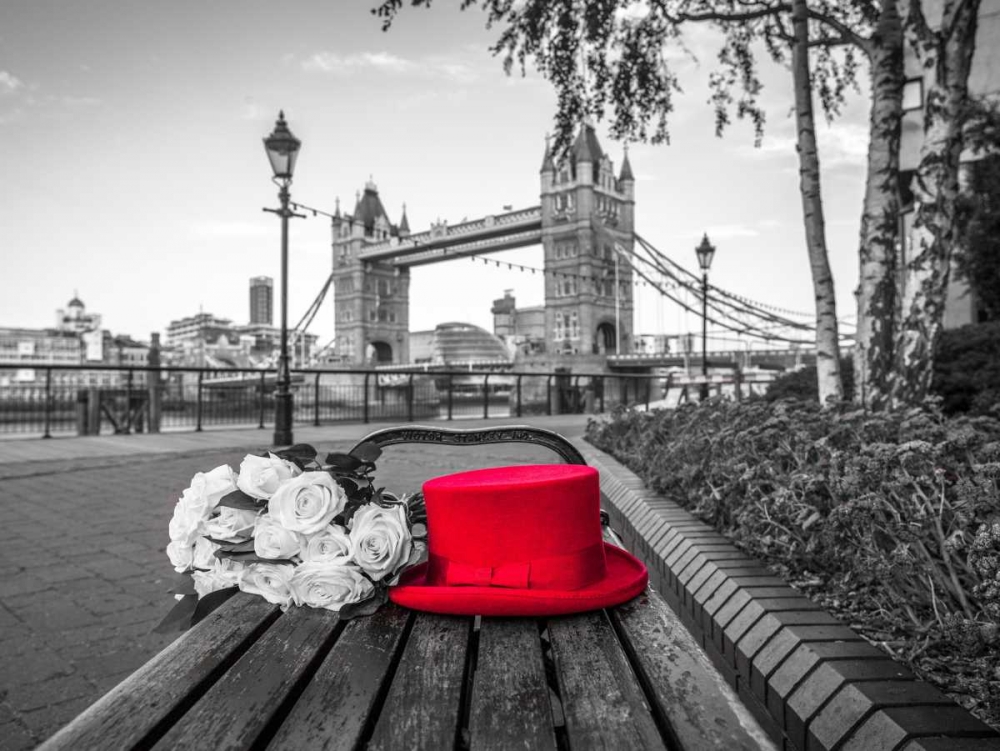 Red Hat with bunch of Roses on a bench near Tower Bridge, London, UK art print by Assaf Frank for $57.95 CAD