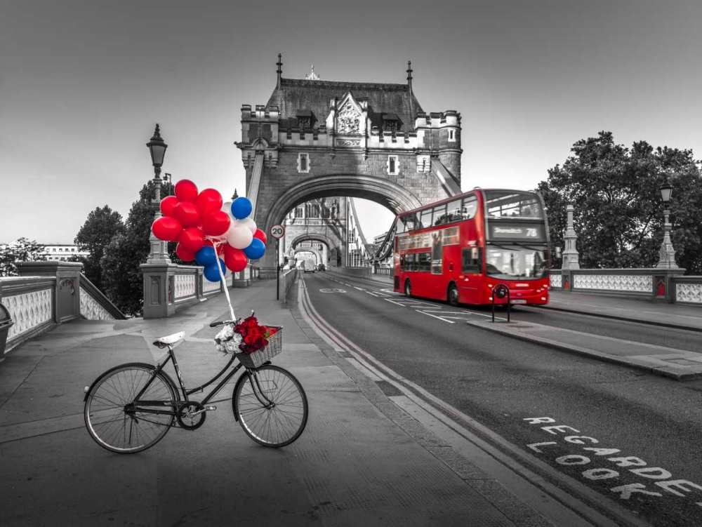 Colorful balloons and bunch of roses on a bicycle at Tower bridge, London, UK art print by Assaf Frank for $57.95 CAD