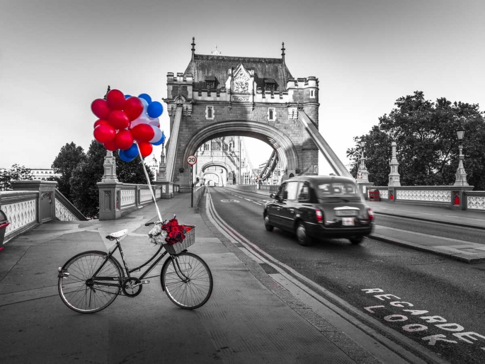 Colorful balloons and bunch of roses on a bicycle at Tower bridge, London, UK art print by Assaf Frank for $57.95 CAD