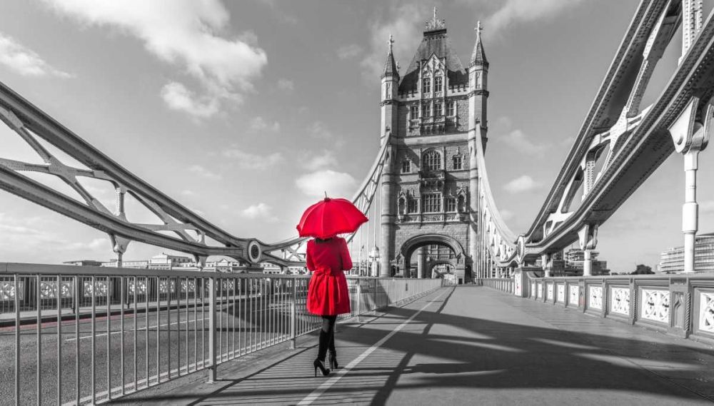 Tourist with red umbrella on Tower Bridge, London, UK art print by Assaf Frank for $57.95 CAD