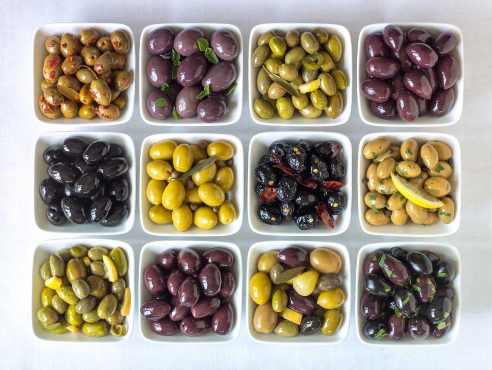 Varieties of Olives in bowls on white background art print by Assaf Frank for $57.95 CAD