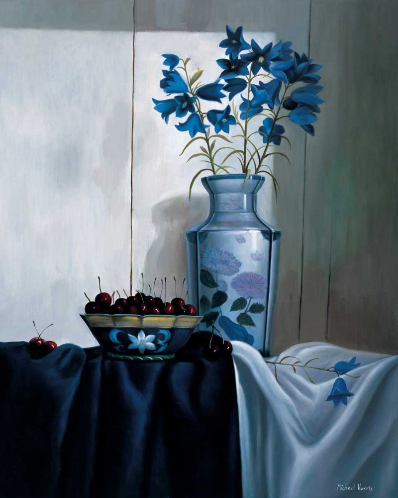 Stillife in blue with cherries art print by Michael Harris for $57.95 CAD