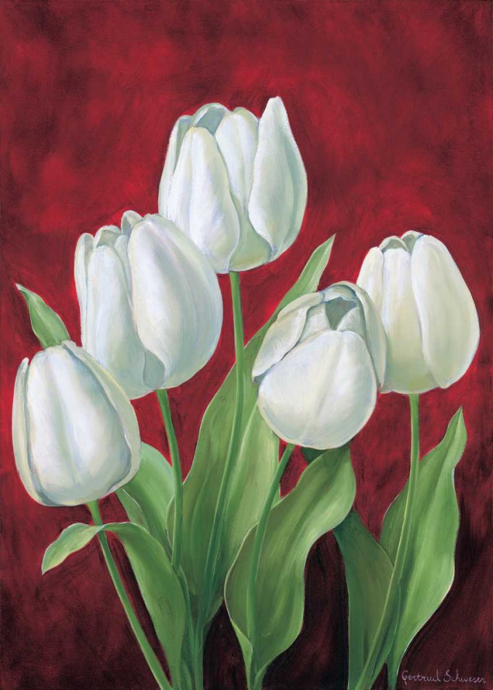 Tulips on burdundy II art print by Gertrud Schweser for $57.95 CAD