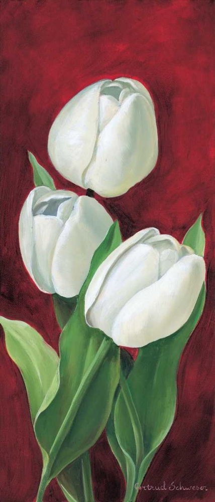 Tulips on burdundy III art print by Gertrud Schweser for $57.95 CAD