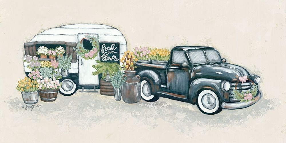 Vintage Flower Truck and Trailer art print by Sara Baker for $57.95 CAD