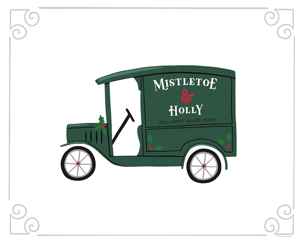 Mistletoe And Holly Vintage Delivery Truck art print by Lady Louise Designs for $57.95 CAD